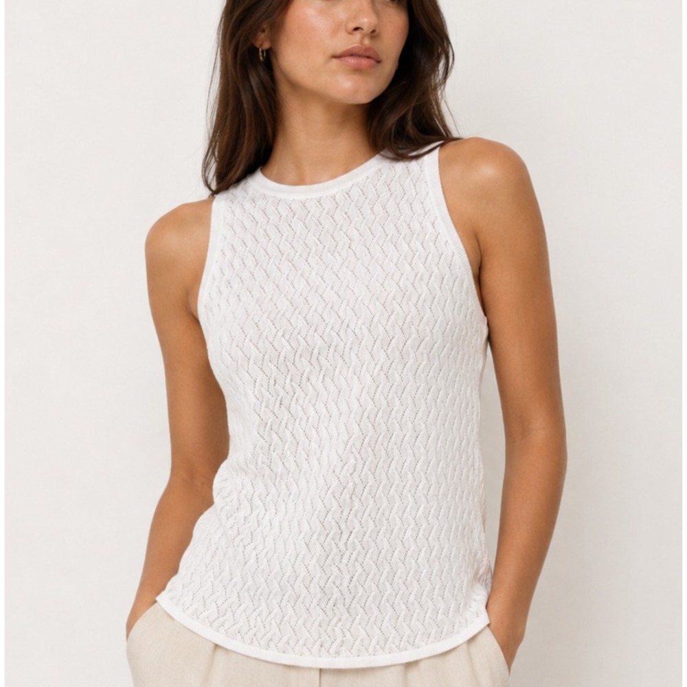 White House Black Market Tank Top Womens L Beige Knit High Neck Lined Minimalist